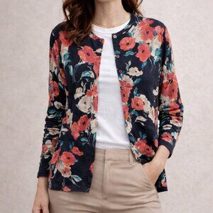Garnet Hill Merino Wool Floral Cardigan Black Multicolor XL